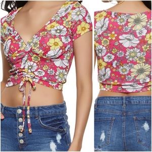NWT Bold Vintage Floral Cropped Ruched Drawstring Top